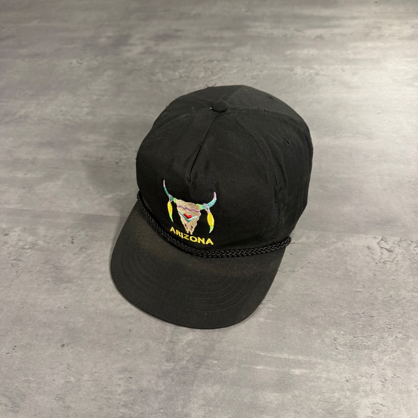 Vintage Youngan Arizona Bull Skull Snapback Rope Hat Black Cap Faded Western